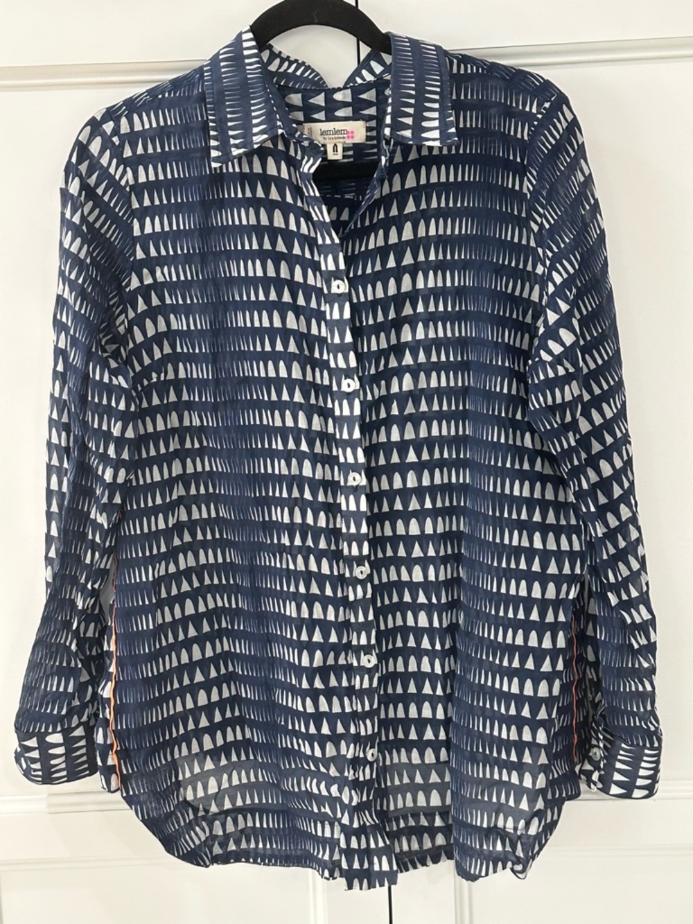 Lemlem by Liya Kebede Navy & White Geo Print Button-Up Shirt Open Back Coastal S